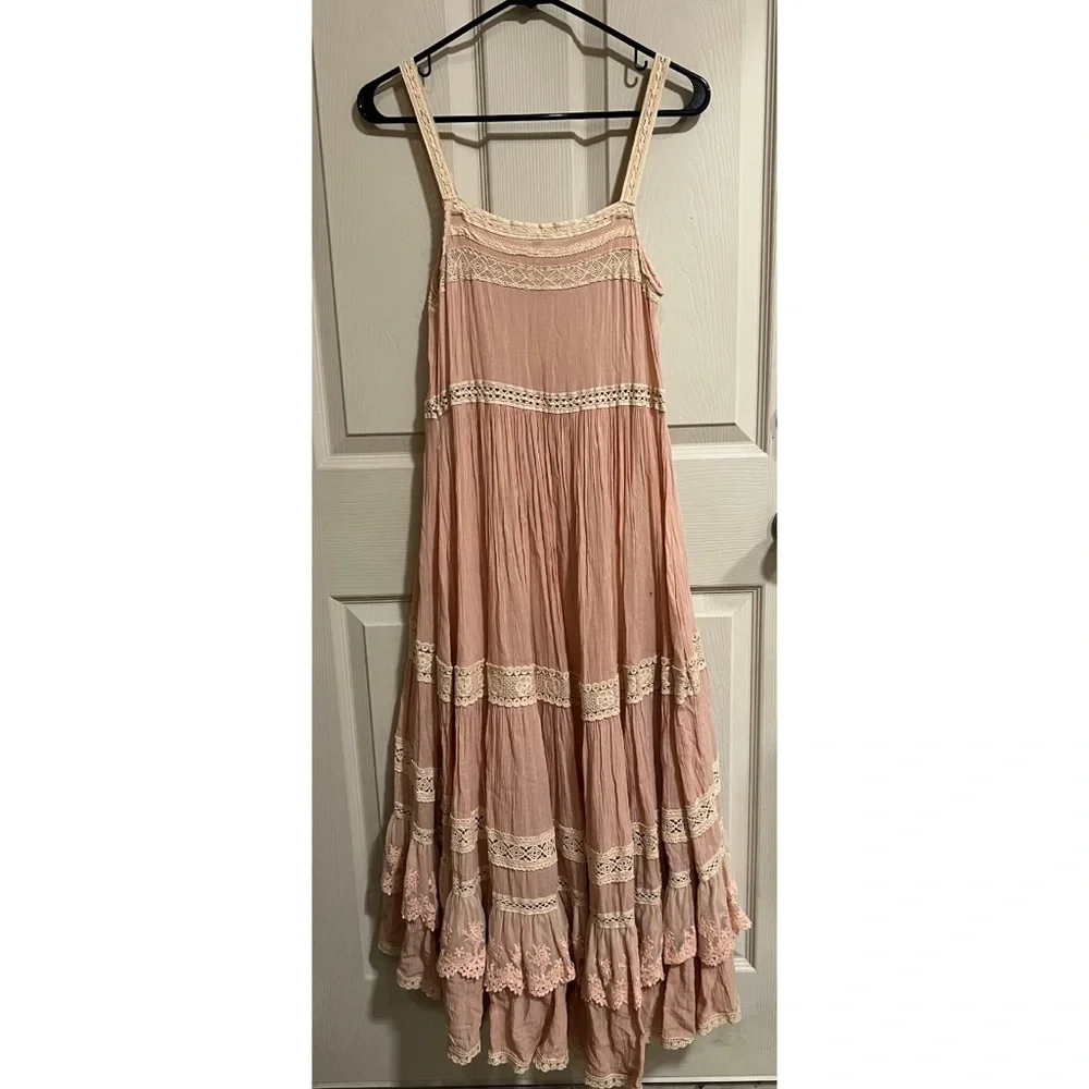 EUC SPELL prairie blush peach nude midi maxi layered lace ruffles dress S small - Picture 3 of 9